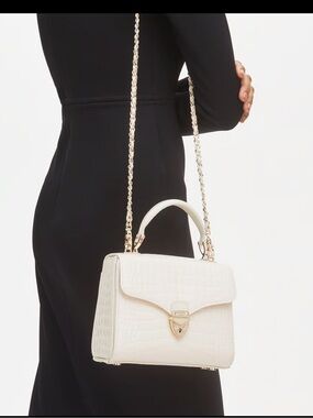 Aspinal of London Midi Mayfair Bag Ivory Patent Croc